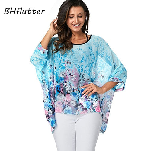 Plus Size Blouse Women Chic Floral Print Chiffon Blouses