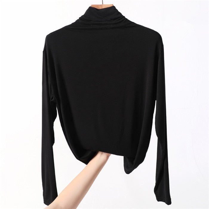 100% cotton long sleeve Solid Turtleneck t-shirt women high stretch slim tops spring autumn skinny Basic Bottoming tshirt tight