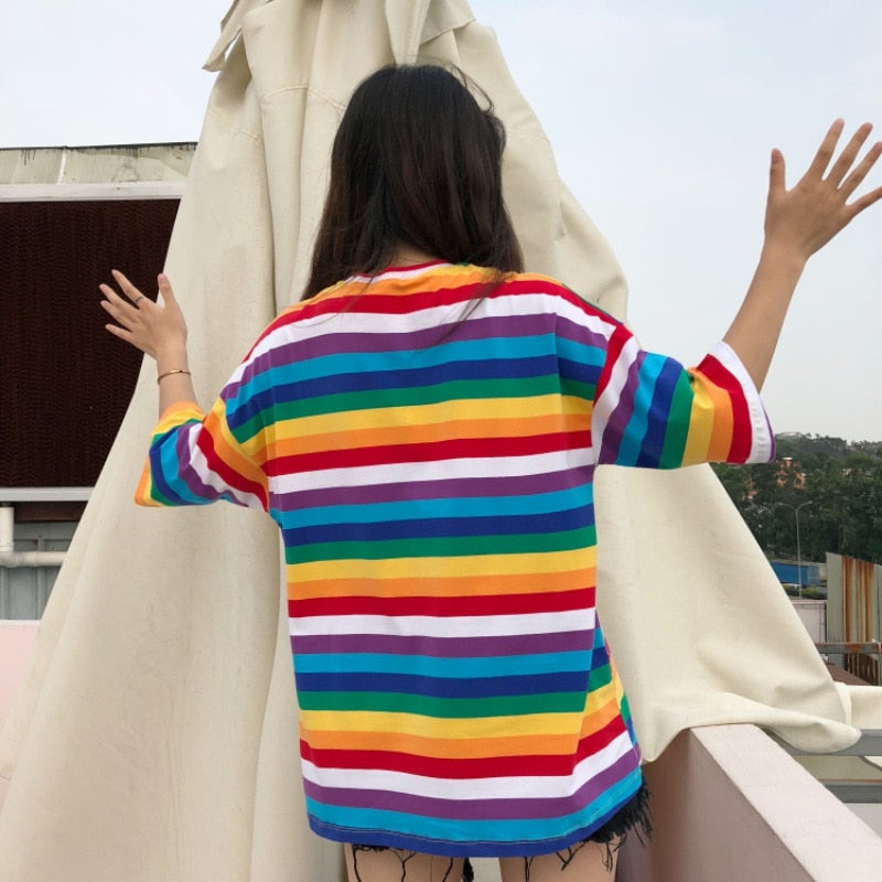 T Shirt Women Rainbow Striped Tops Harajuku Short Sleeve