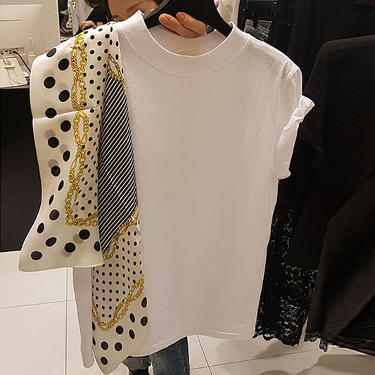 Women's elegant T shirt polka dot silk scarf stitching short-sleeved