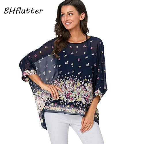 Plus Size Blouse Women Chic Floral Print Chiffon Blouses