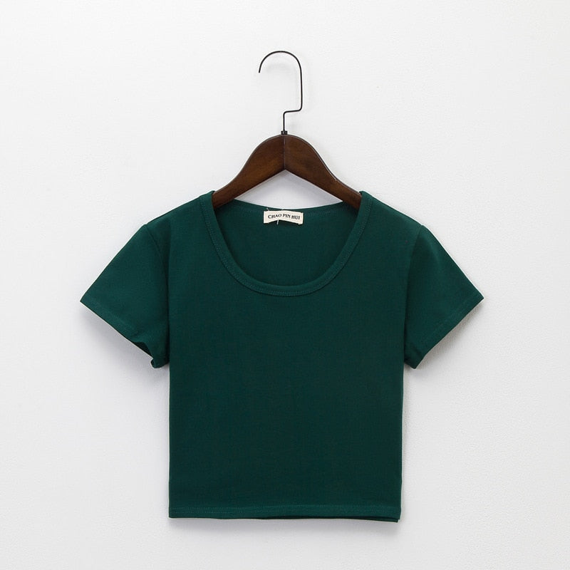 Summer Casual Solid Female Cotton T-Shirt Short Sleeve Round Neck