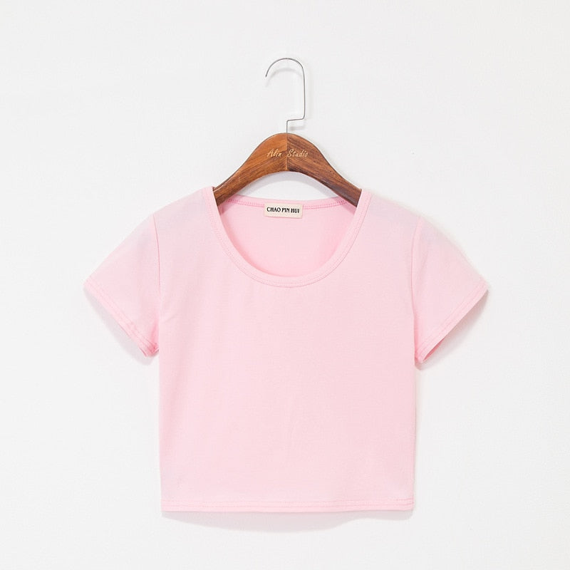 Summer Casual Solid Female Cotton T-Shirt Short Sleeve Round Neck