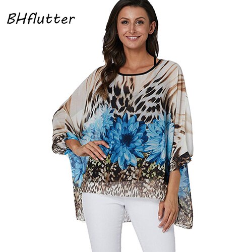 Plus Size Blouse Women Chic Floral Print Chiffon Blouses