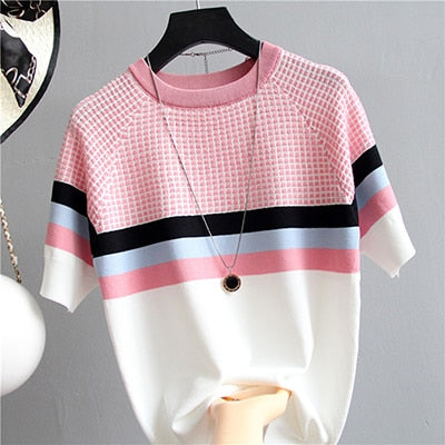 Plaid T Shirt Women Striped Tshirt Knitted Cotton Korean