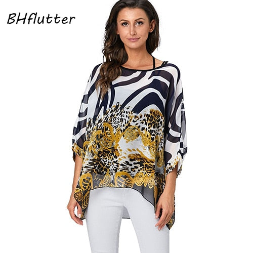 Plus Size Blouse Women Chic Floral Print Chiffon Blouses