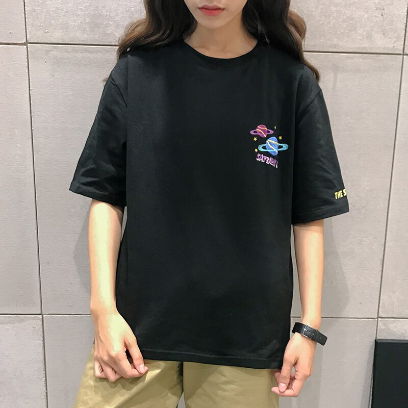 2018 Halajuku Cotton Planet Printed Letter Embroidered Loose Causal Short Sleeve Female T-shirts