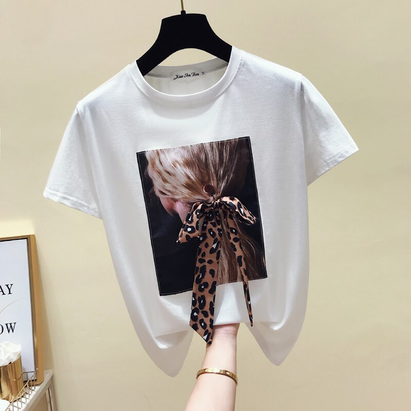 gkfnmt Korea White T shirt Women Clothes O-Neck Summer Short Sleeve Appliques Vintage TShirt Tops Casual Black Tee Shirt Femme