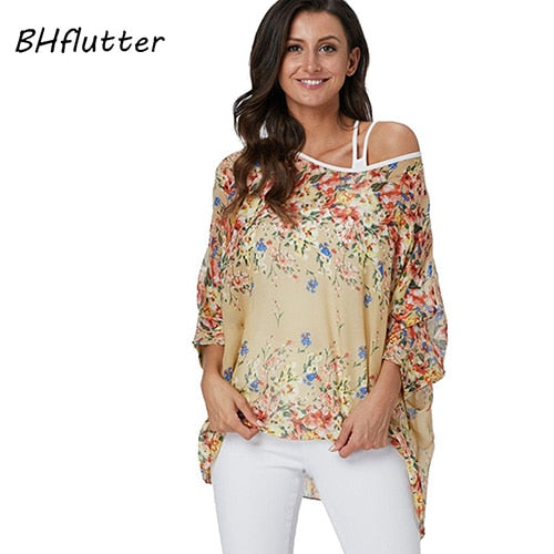 Plus Size Blouse Women Chic Floral Print Chiffon Blouses