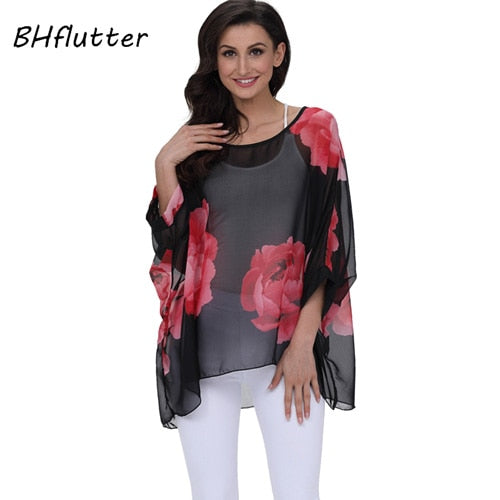 Plus Size Blouse Women Chic Floral Print Chiffon Blouses