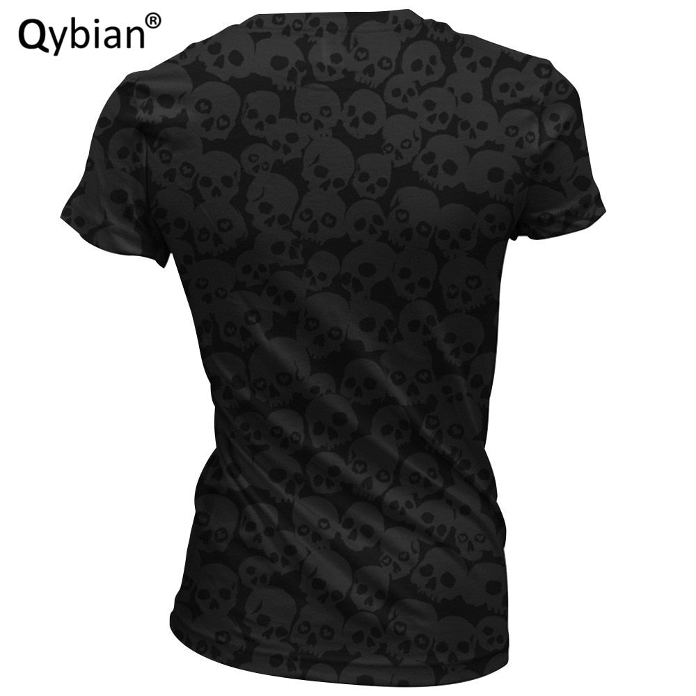 Free Shipping T-shirt Women Casual Comfortable V-neck Shirts Women Top Tees Red Mouth Black Skull Prints Short Sleeve