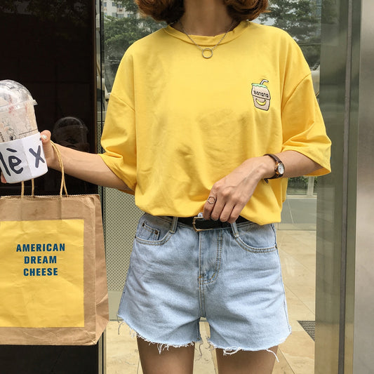 Summer New Cute Banana Milk Embroidered Simple All Match Short Sleeve Female T-shirts