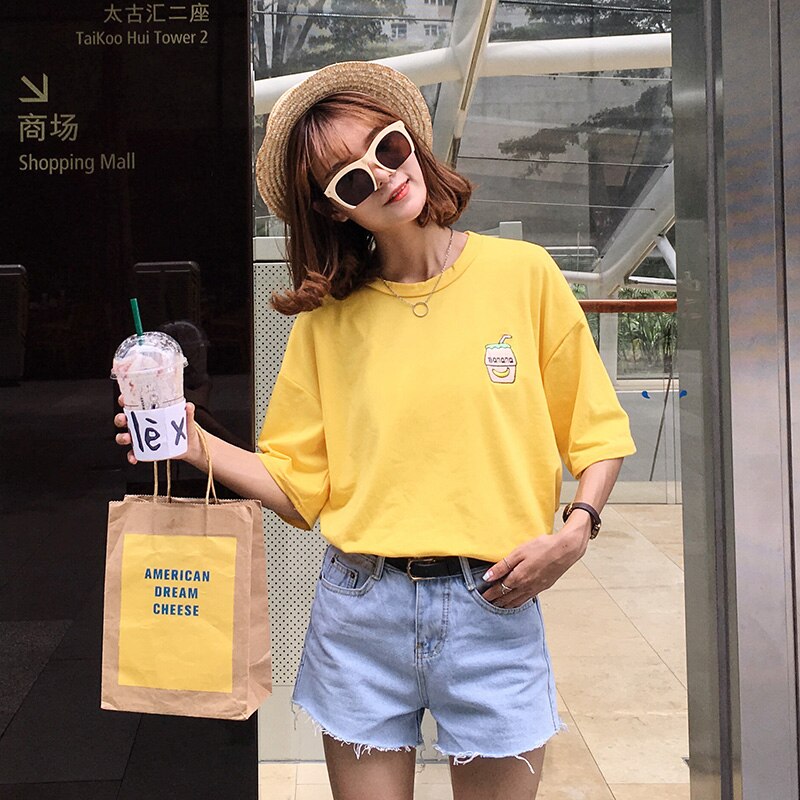 Summer New Cute Banana Milk Embroidered Simple All Match Short Sleeve Female T-shirts