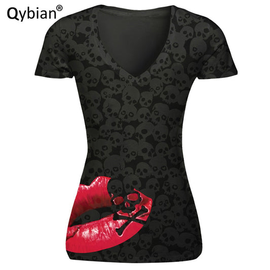 Free Shipping T-shirt Women Casual Comfortable V-neck Shirts Women Top Tees Red Mouth Black Skull Prints Short Sleeve