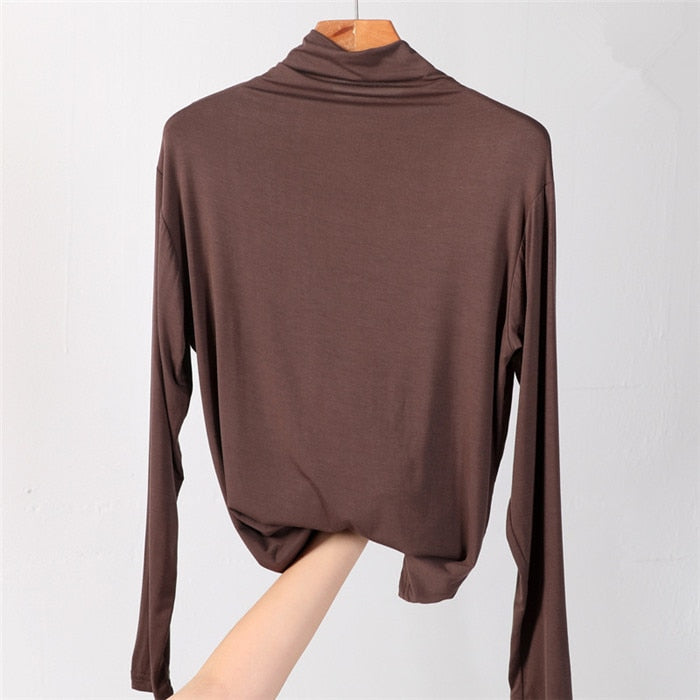 100% cotton long sleeve Solid Turtleneck t-shirt women high stretch slim tops spring autumn skinny Basic Bottoming tshirt tight