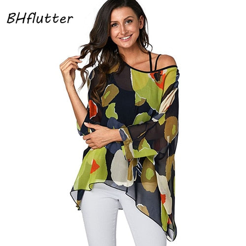 Plus Size Blouse Women Chic Floral Print Chiffon Blouses