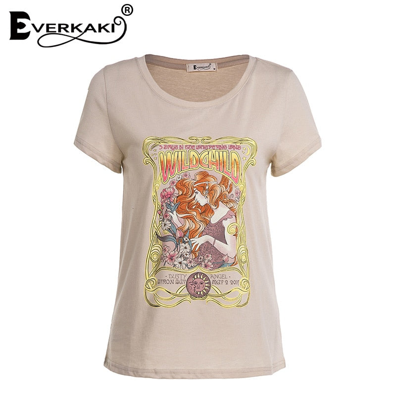 Everkaki Boho Gypsy Girl Print T-shirt Tops Retro Cotton