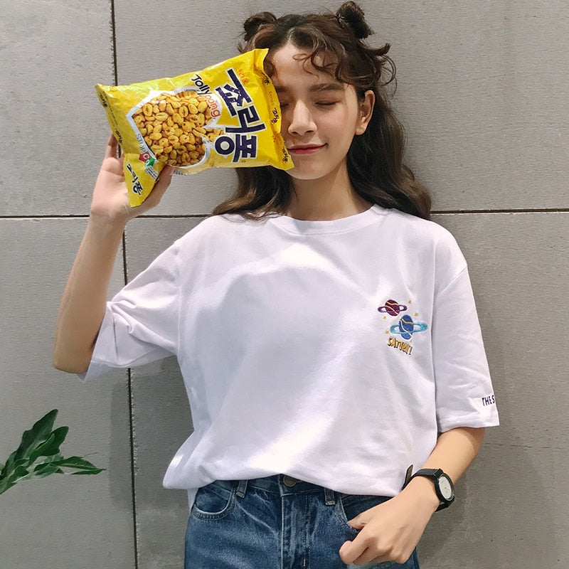 2018 Halajuku Cotton Planet Printed Letter Embroidered Loose Causal Short Sleeve Female T-shirts