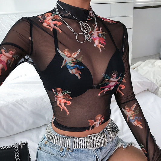 Sexy Women T Shirt See Through Transparent Mesh Tops