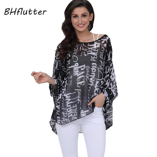 Plus Size Blouse Women Chic Floral Print Chiffon Blouses