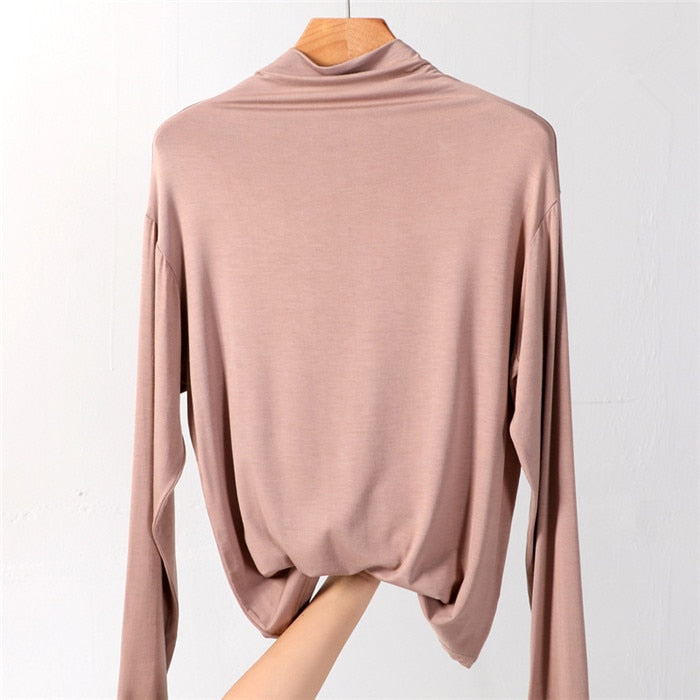 100% cotton long sleeve Solid Turtleneck t-shirt women high stretch slim tops spring autumn skinny Basic Bottoming tshirt tight