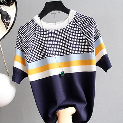 Plaid T Shirt Women Striped Tshirt Knitted Cotton Korean