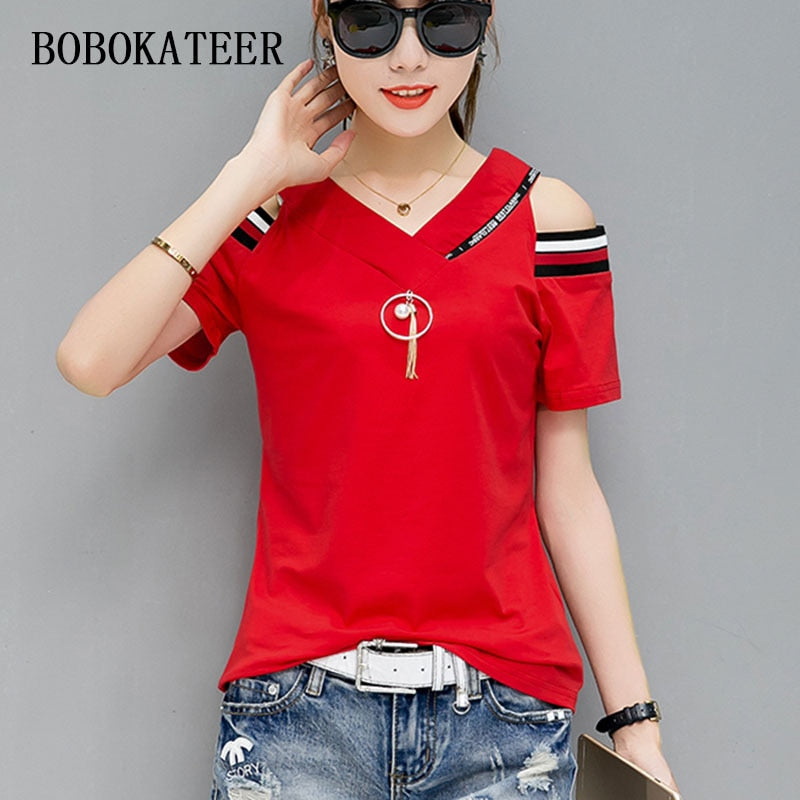 BOBOKATEER off the shoulder tops for women tshirt summer 2021 t-shirt cotton t shirt women shirts tee shirt femme camiseta mujer