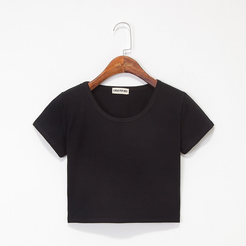 Summer Casual Solid Female Cotton T-Shirt Short Sleeve Round Neck