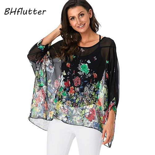 Plus Size Blouse Women Chic Floral Print Chiffon Blouses