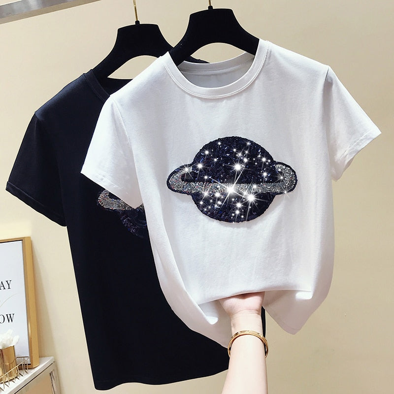 gkfnmt Cotton White Tshirt Women Tops Sequin Fashion Short Sleeve Vintage Female T-shirt Casual Black Tee Shirt Femme Summer