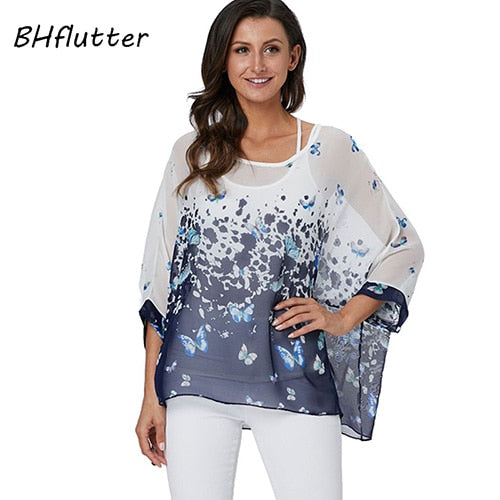 Plus Size Blouse Women Chic Floral Print Chiffon Blouses