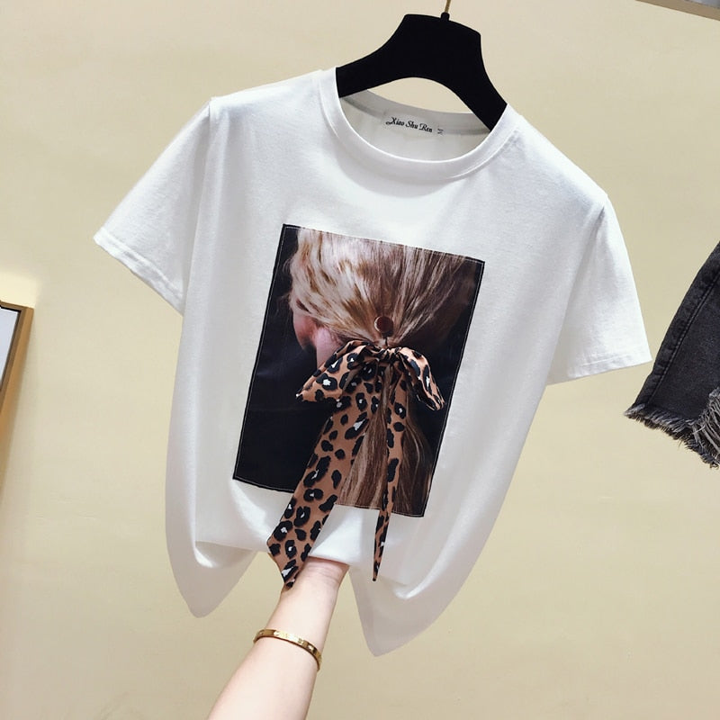 gkfnmt Korea White T shirt Women Clothes O-Neck Summer Short Sleeve Appliques Vintage TShirt Tops Casual Black Tee Shirt Femme