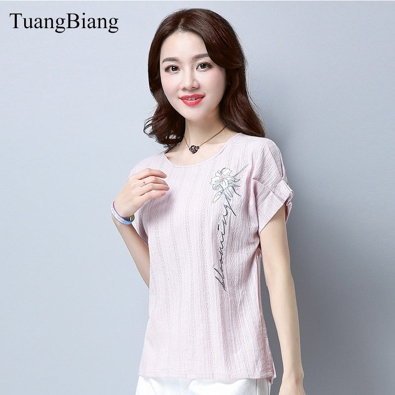 Summer O-Neck Loose Rose Embroidery T shirt Women Short sleeve Fashion Cotton T-Shirt Floral Female Solid Color Autumn Tops