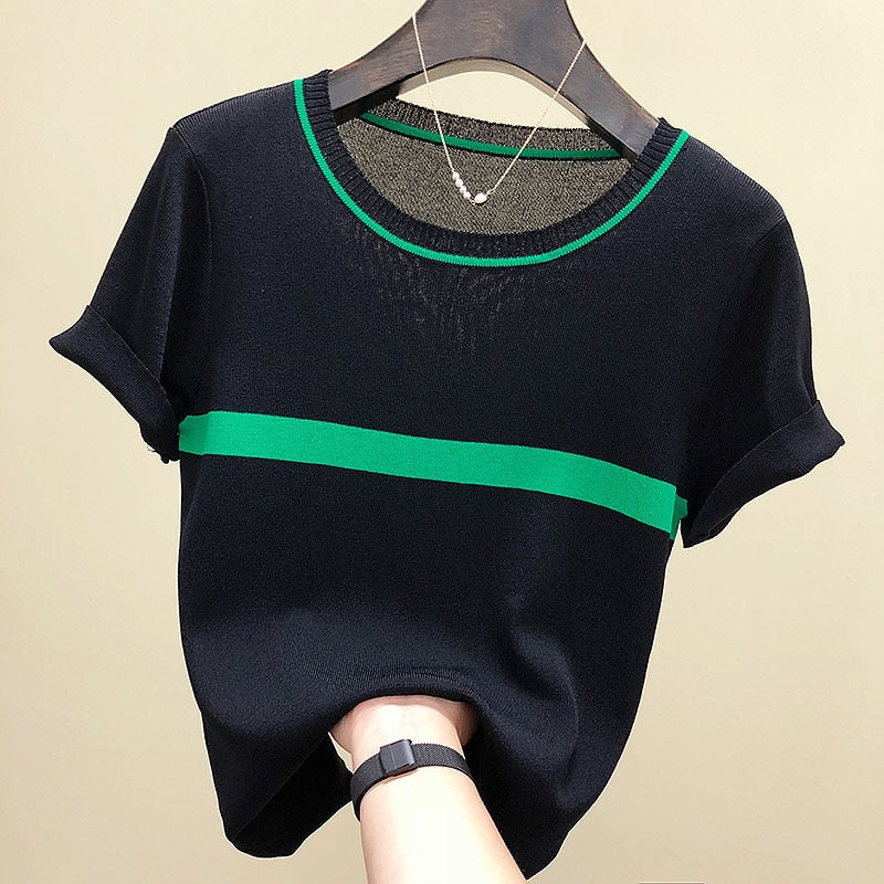 Thin Knitted T Shirt Women Clothes Summer Woman Sleeve Tees