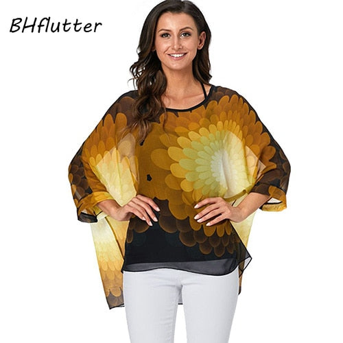 Plus Size Blouse Women Chic Floral Print Chiffon Blouses