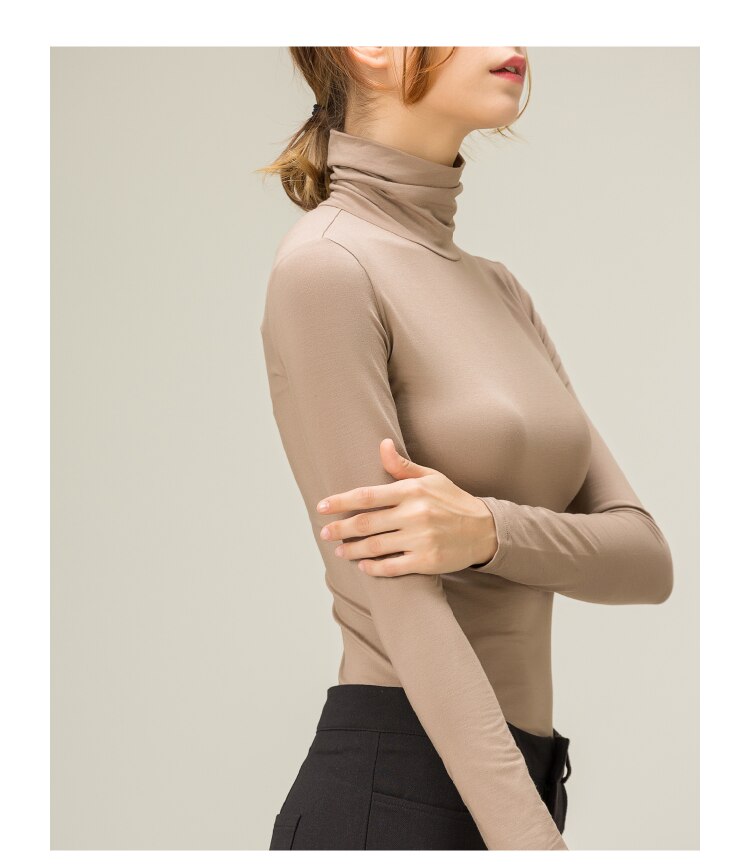 100% cotton long sleeve Solid Turtleneck t-shirt women high stretch slim tops spring autumn skinny Basic Bottoming tshirt tight