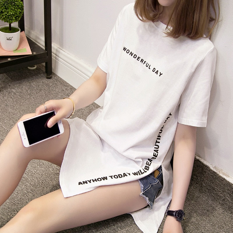 Nkandby Plus size WONDERFUL DAY Print Long T shirts Summer Women Loose Slit Femme Tops Cotton Tshirt Short sleeve Ladies t-shirt