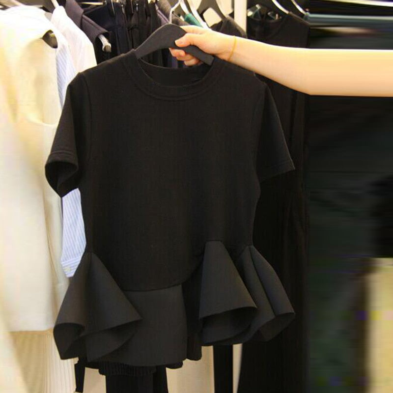 Black Stitching Ruffled Short-Sleeved T-Shirt Women's Summer Dress New Korean Office Lady Student Chic Tees GD007