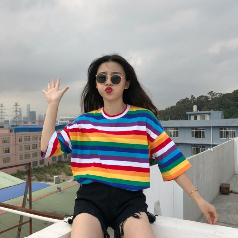 T Shirt Women Rainbow Striped Tops Harajuku Short Sleeve