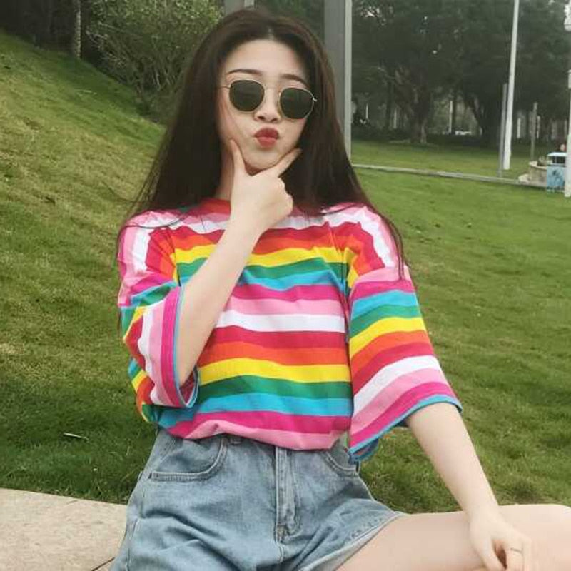 T Shirt Women Rainbow Striped Tops Harajuku Short Sleeve