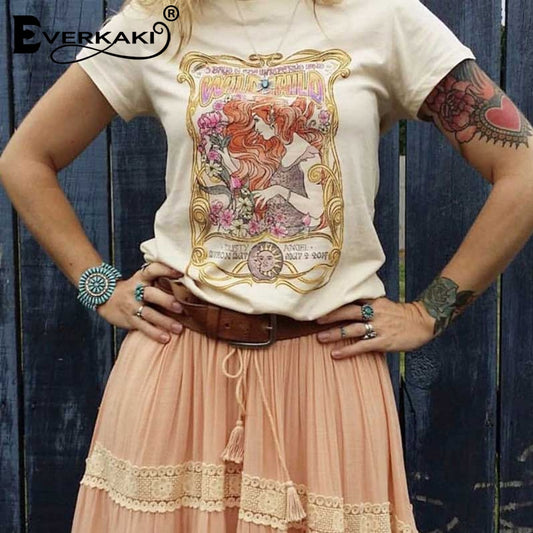 Everkaki Boho Gypsy Girl Print T-shirt Tops Retro Cotton