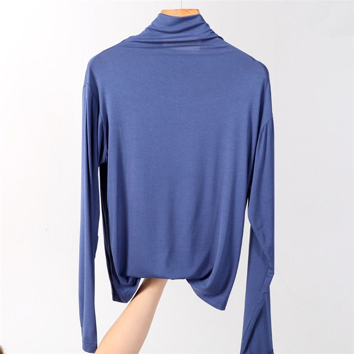 100% cotton long sleeve Solid Turtleneck t-shirt women high stretch slim tops spring autumn skinny Basic Bottoming tshirt tight