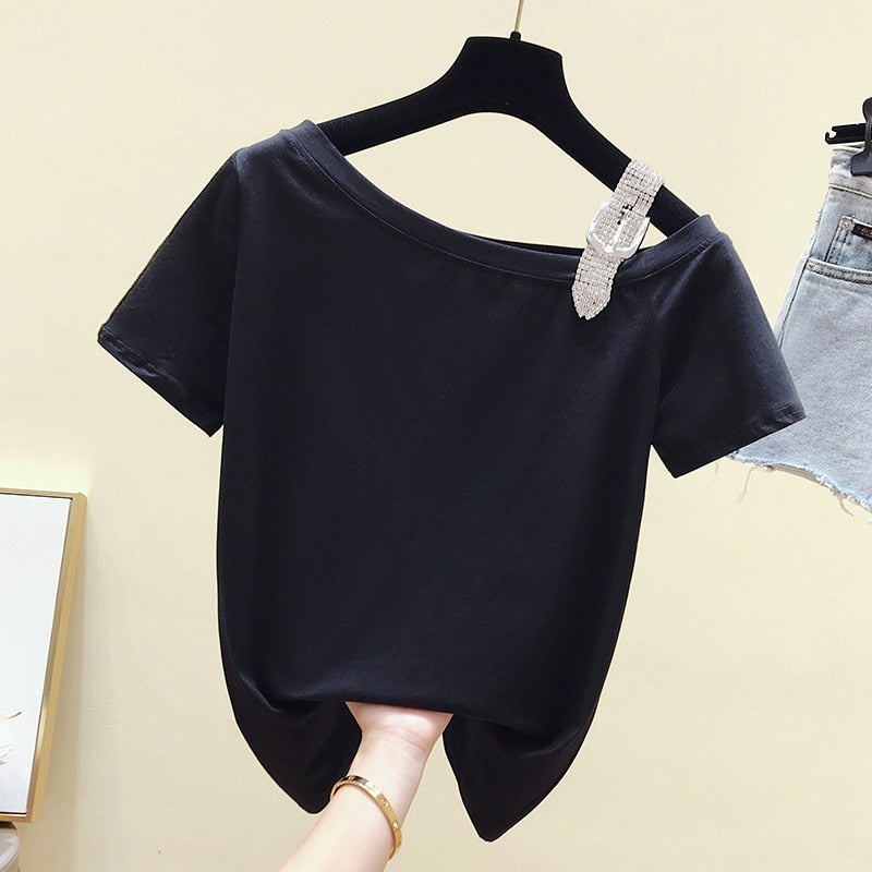 T-Shirt Women Summer Korean Style Slash Neck