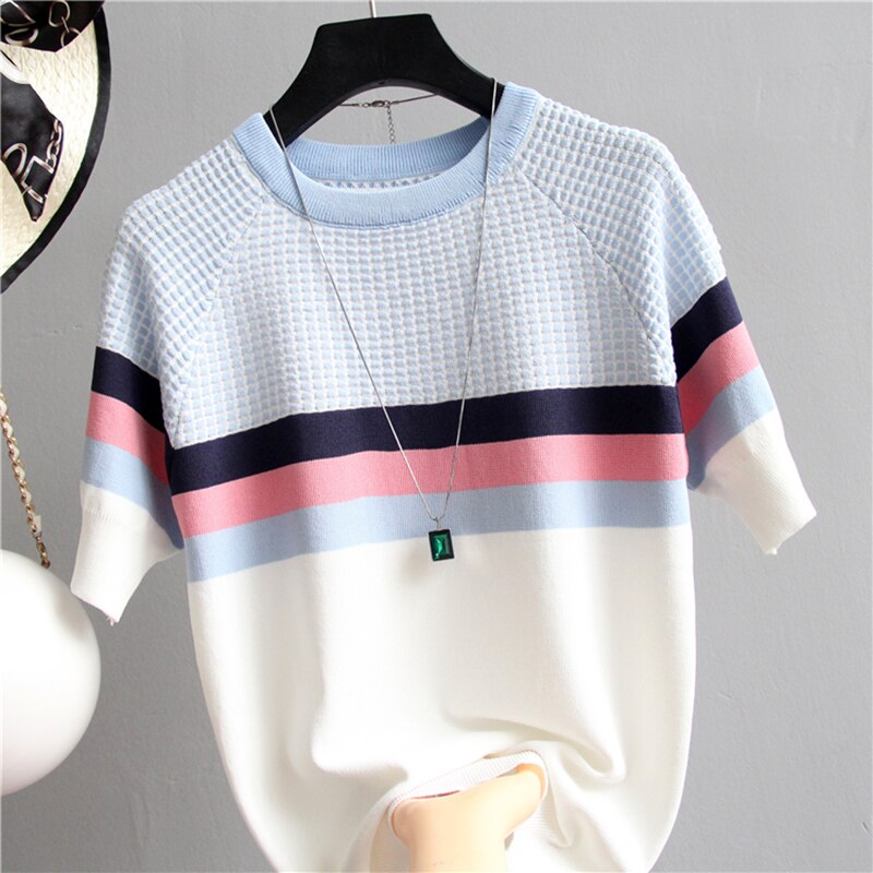 Plaid T Shirt Women Striped Tshirt Knitted Cotton Korean