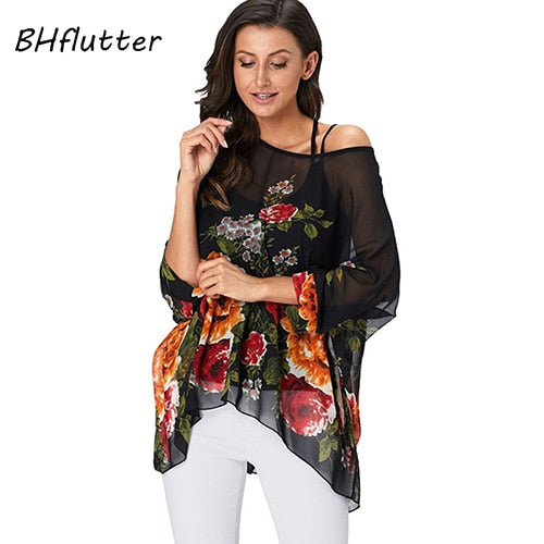 Plus Size Blouse Women Chic Floral Print Chiffon Blouses