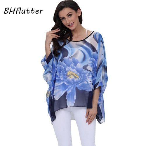 Plus Size Blouse Women Chic Floral Print Chiffon Blouses