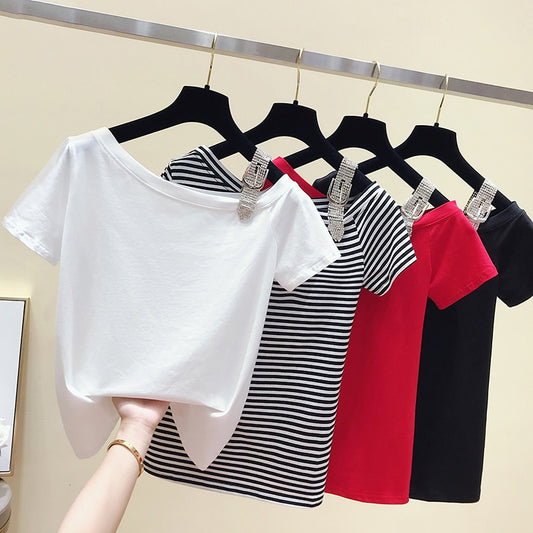 T-Shirt Women Summer Korean Style Slash Neck