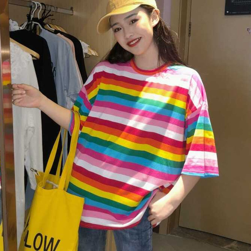 T Shirt Women Rainbow Striped Tops Harajuku Short Sleeve