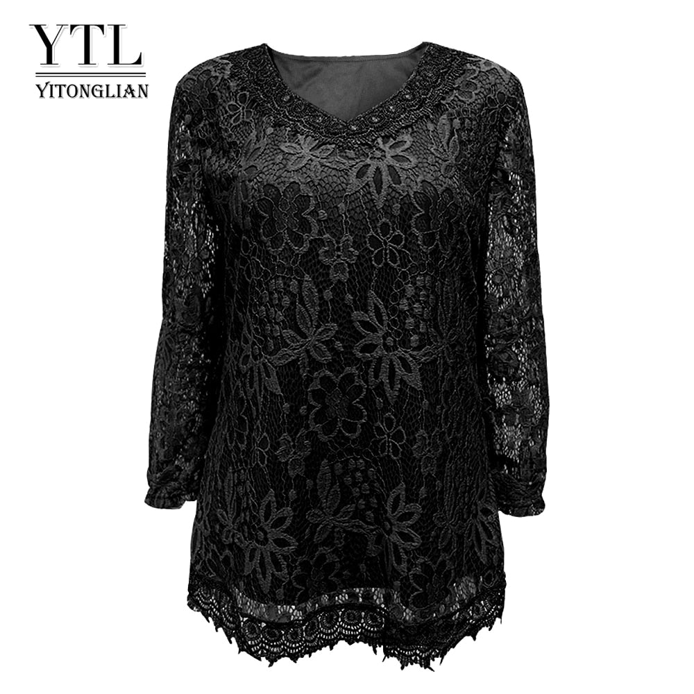 Womens Plus Size Elegant Long Sleeve Floral Lace Black Color T Shirt Women Ladies Tee Shirts 6XL 7XL 8XL H009