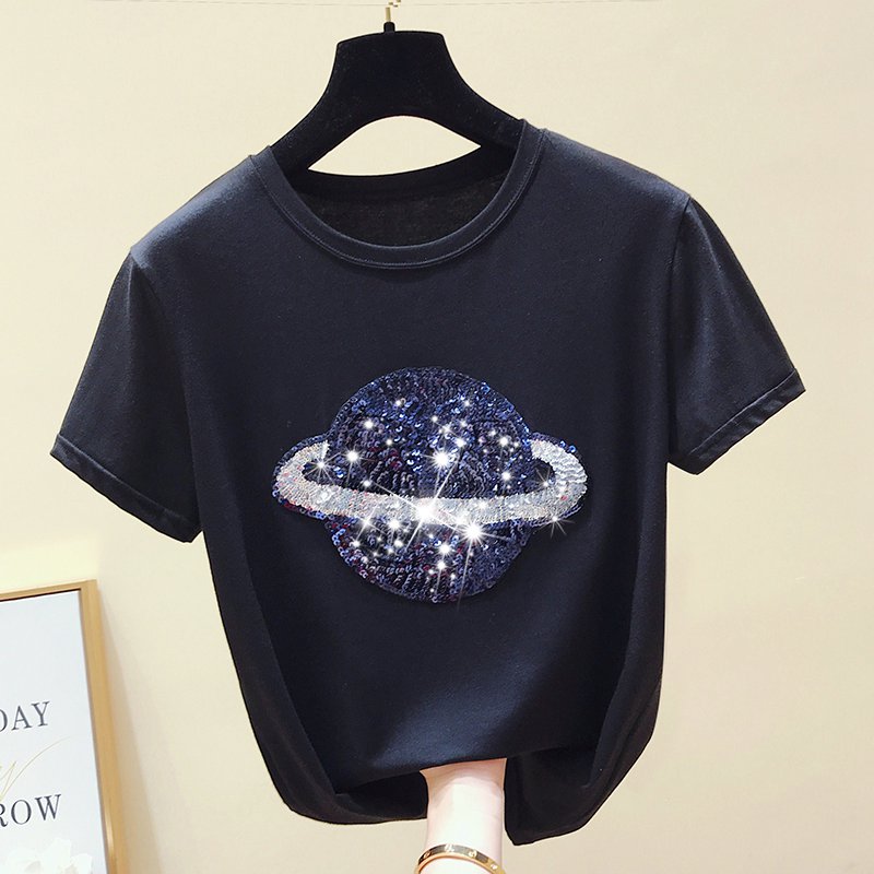 gkfnmt Cotton White Tshirt Women Tops Sequin Fashion Short Sleeve Vintage Female T-shirt Casual Black Tee Shirt Femme Summer